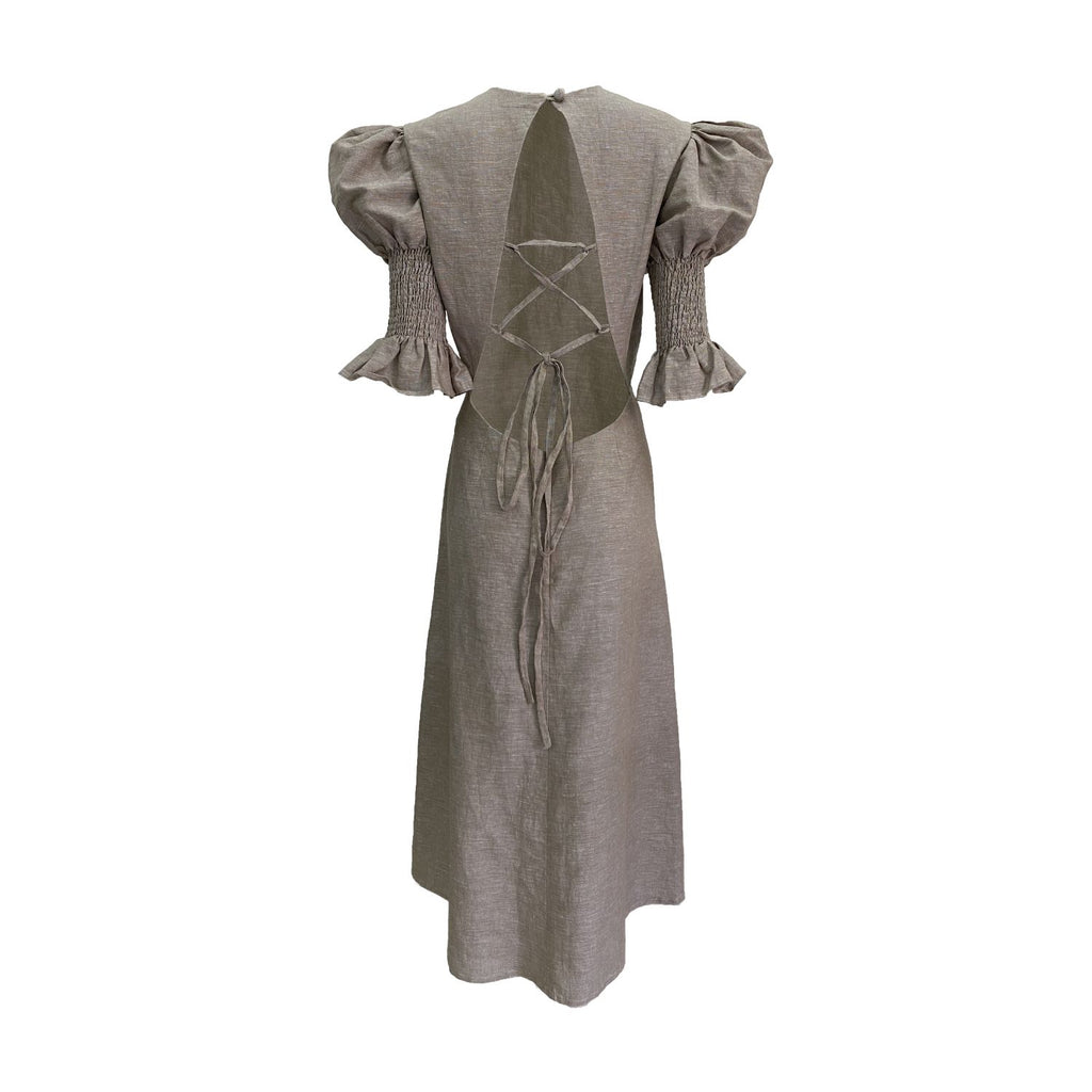 Rohnea Shirring Midi Linen Dress in Driftwood