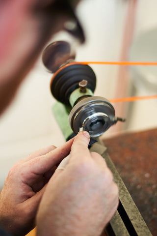 Oak & Oscar Director of Watchmaking Nathan Bobinchak hand-turning the bezel for the Humboldt LaViolette Edition watch