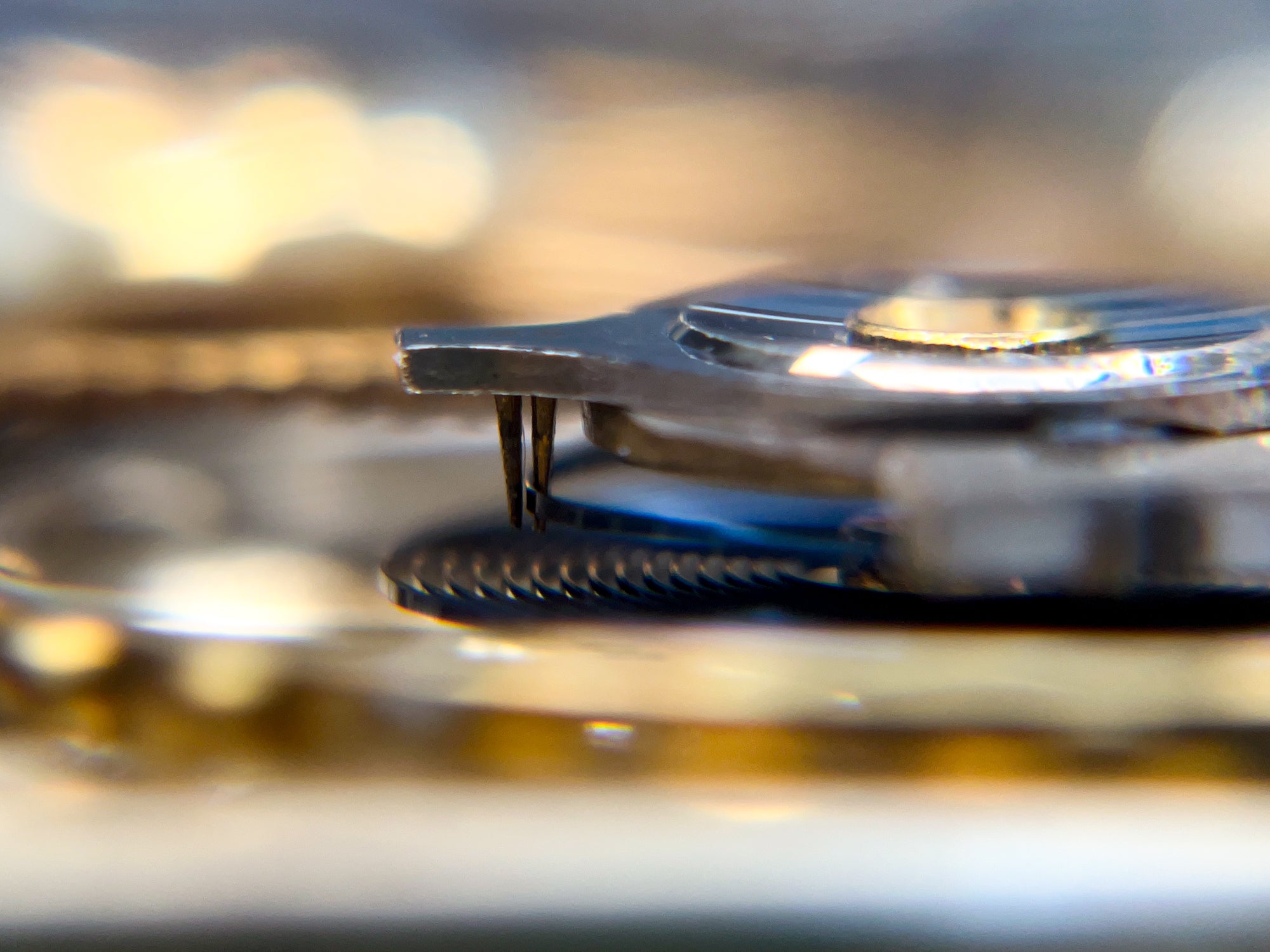 Hairspring through regulating pins in a vintage pocket watch