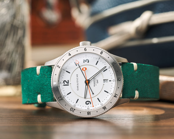 Green suede leather watch strap on Oak & Oscar white dial Humboldt GMT