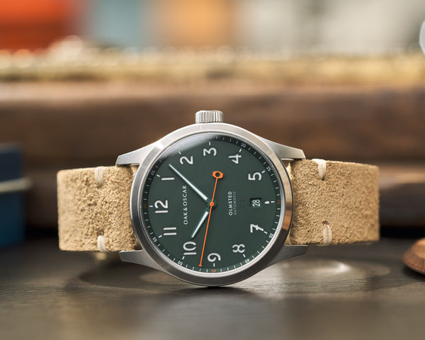 Light tan suede leather watch strap on green dial Olmsted from Oak & Oscar