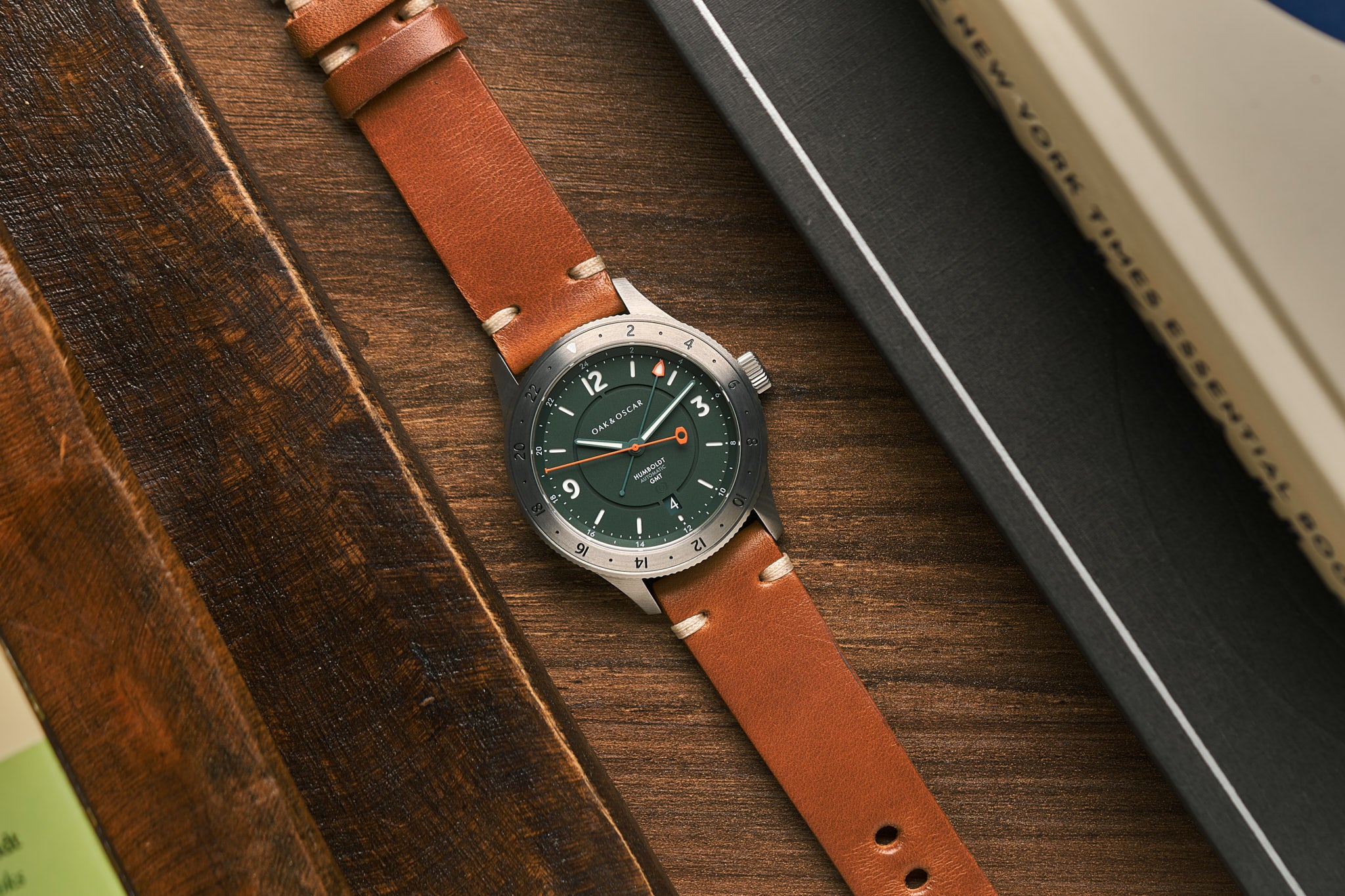 Humboldt GMT Titanium with green dial on brown Horween leather strap