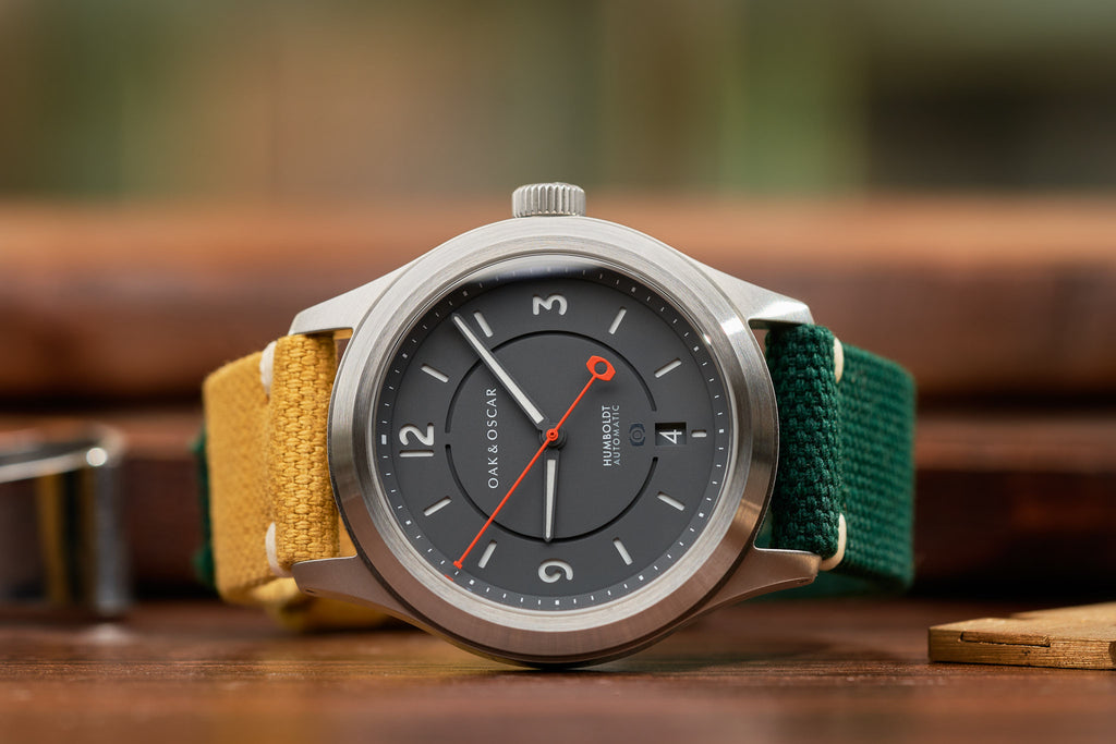 One-of-a-kind LaViolette Edition Humboldt from Oak & Oscar with yellow and green canvas straps