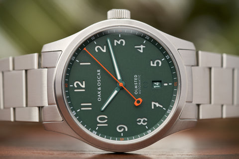 Oak & Oscar Olmsted green dial on stainless steel.