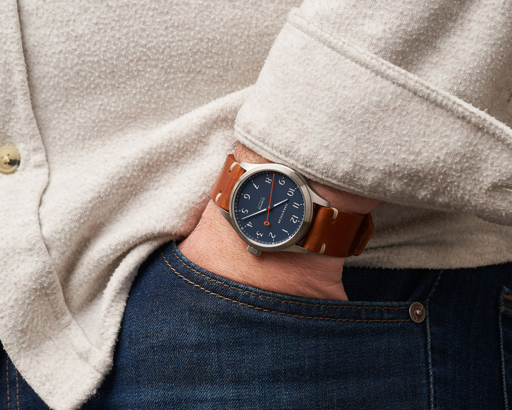 Navy dial Olmsted No Date with horween leather strap on wrist