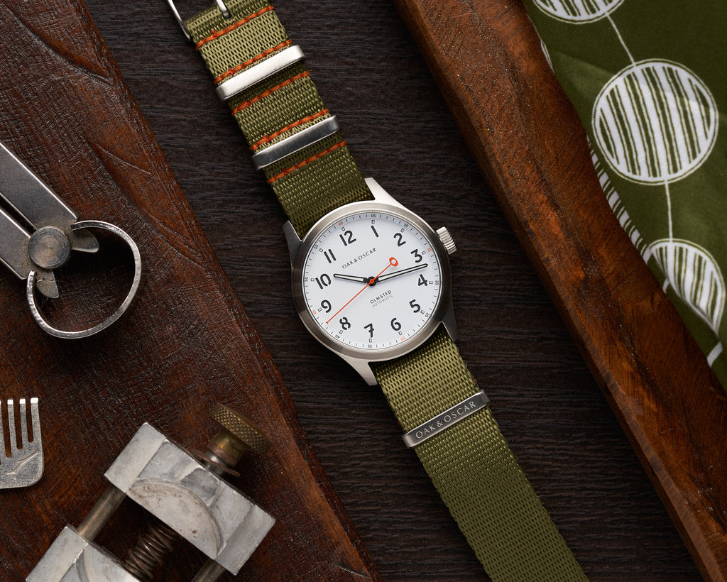 White dial Olmsted no date on olive green nylon strap