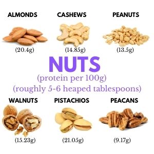 Protein content of nuts per 100g - Almonds 20.4g Cashews 14.85g Peanuts 13.5g Walnuts 15.23g Pistachios 21.05g Pecans 9.17g