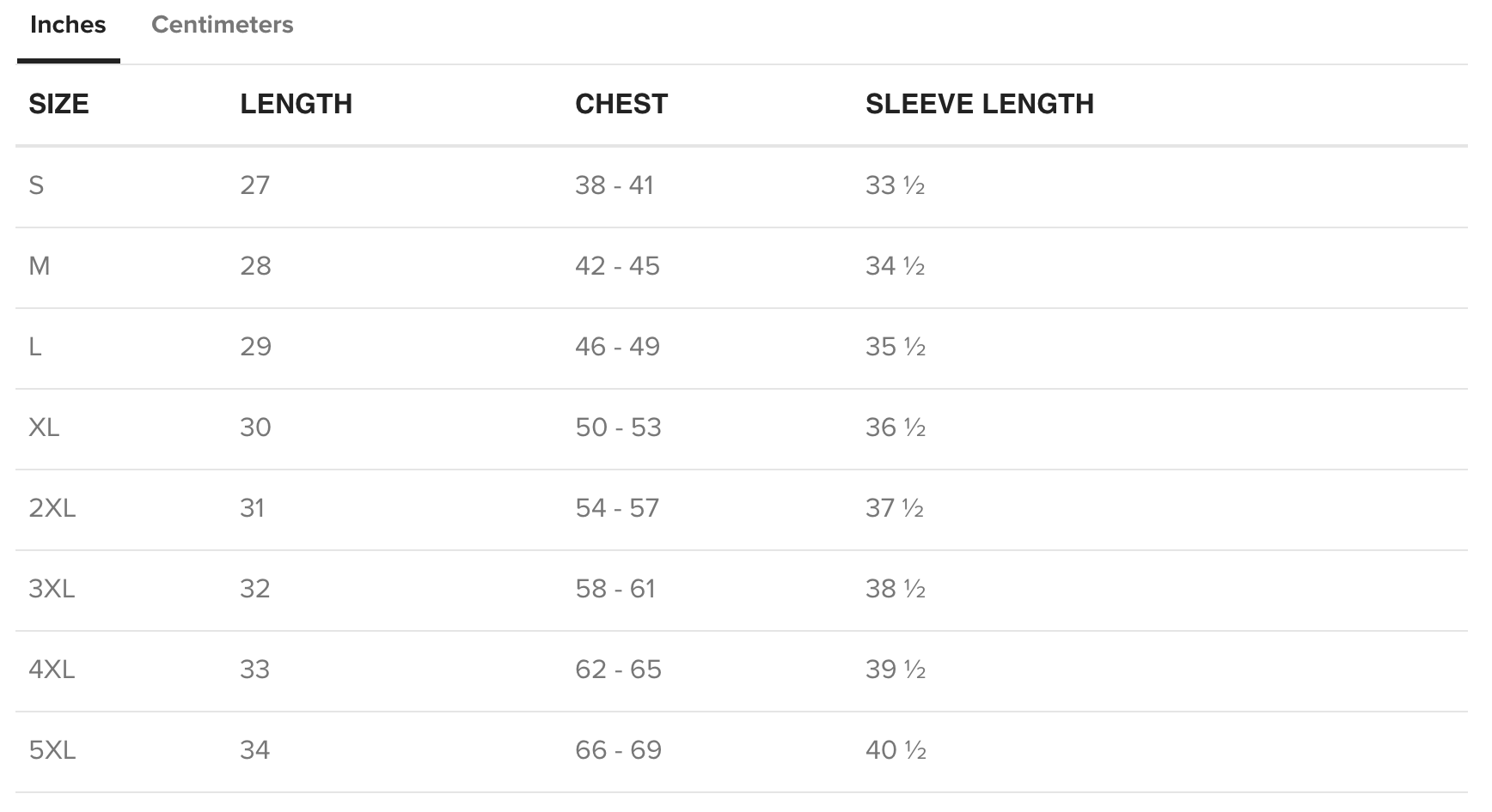 US Sweatshirt Size Chart in inches