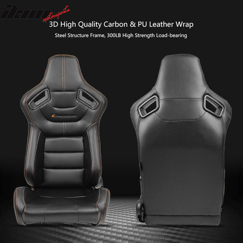 Universal Adjust Racing Seat Dual Slider Left PU Carbon Leather Orange Stitch