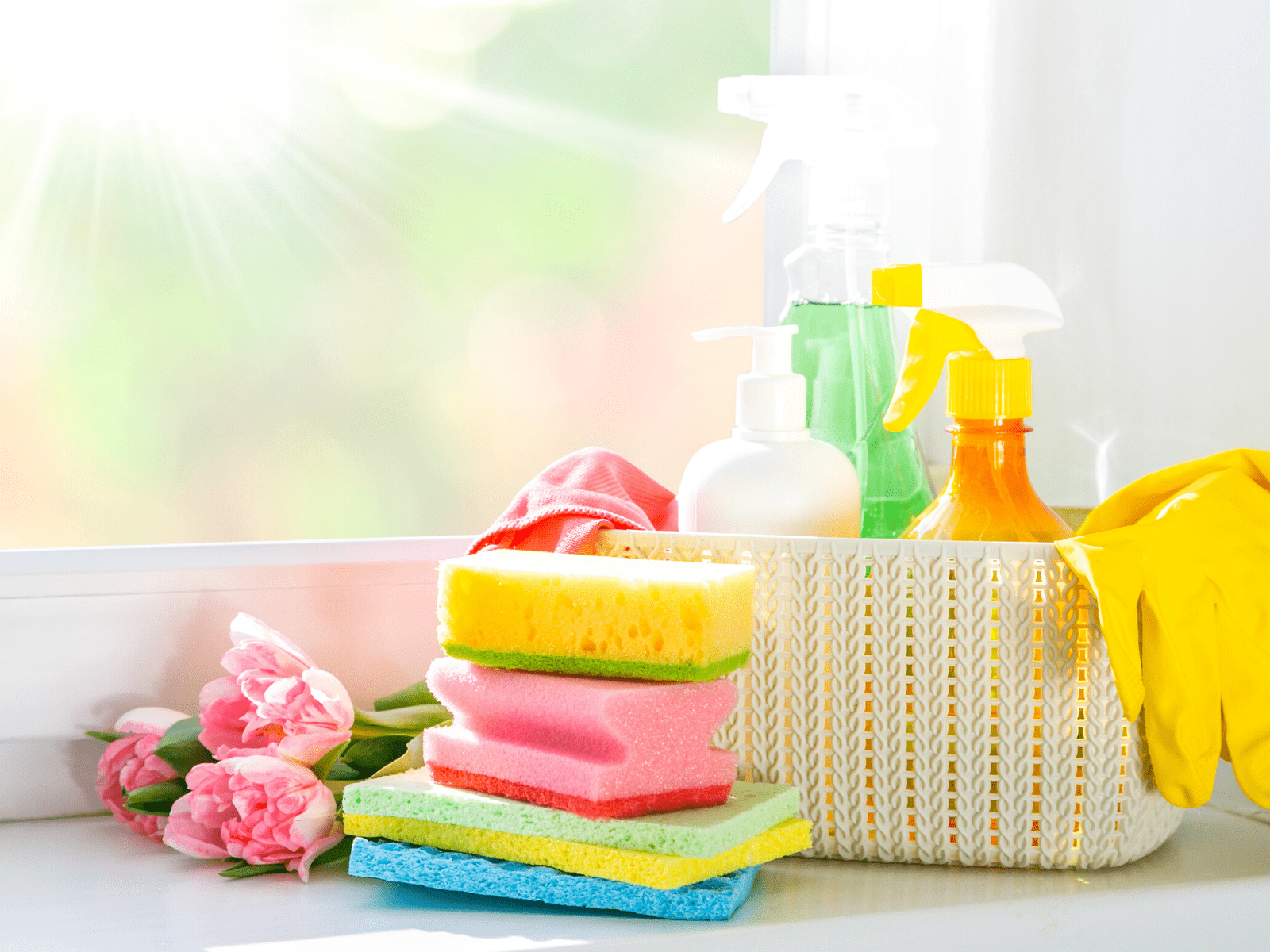 Spring cleaning sponges, cleaning products and basket.