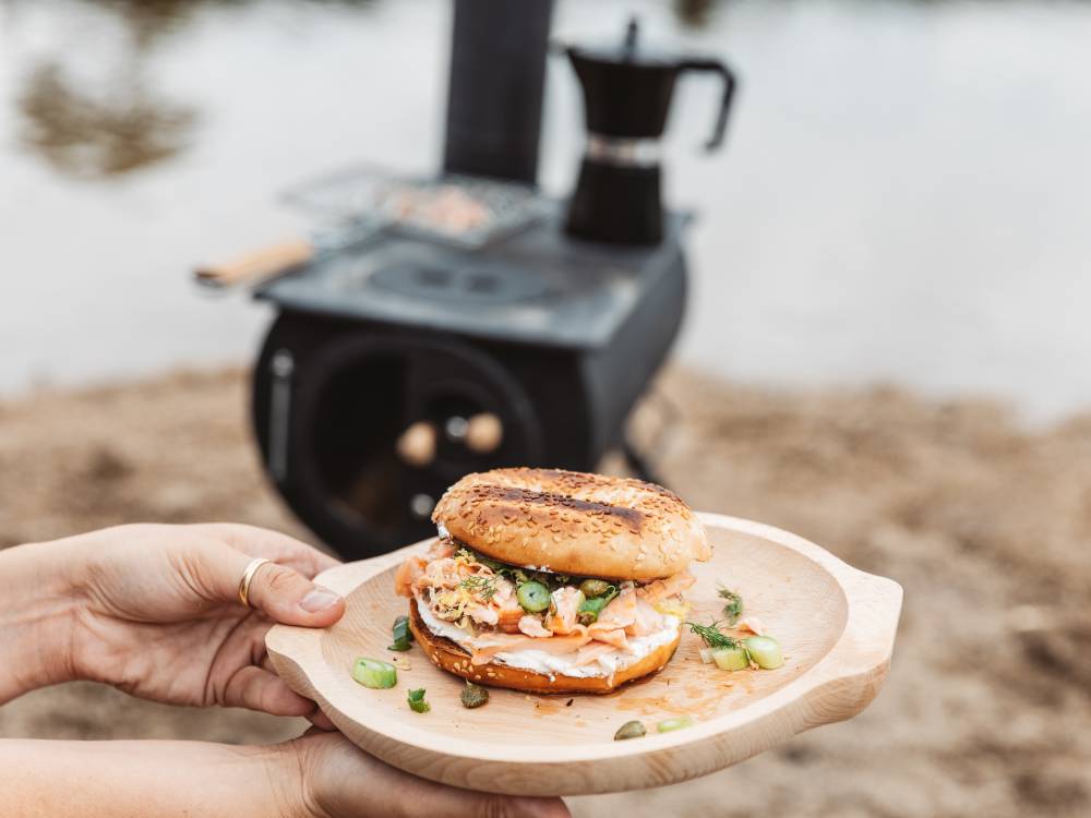 Recipe: hot smoked salmon & cream cheese bagels. Cooked on a woodburning stove. Anevay Stoves