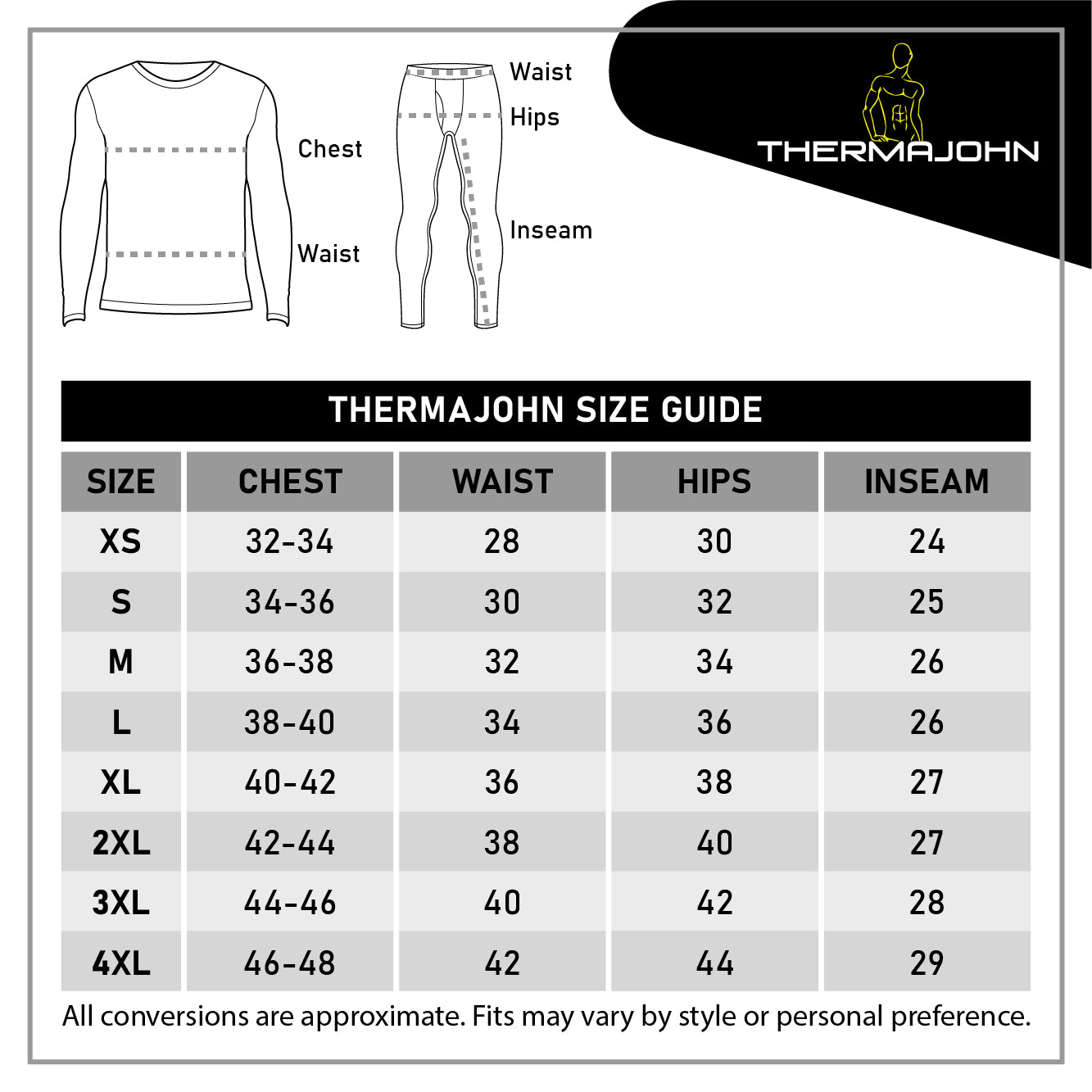 Men's Thermal Set Size Chart
