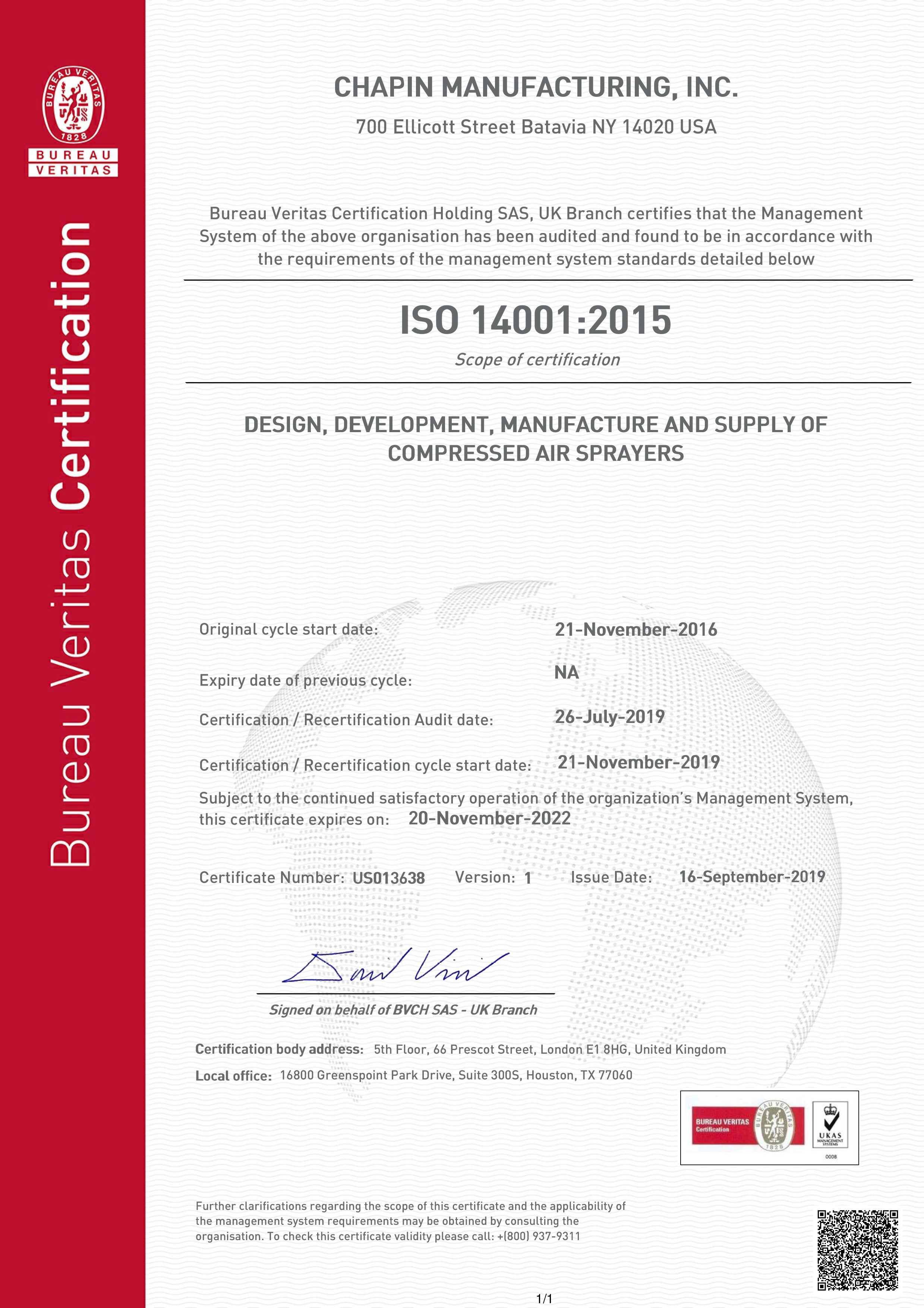 Chapin 14001:2015 certificat