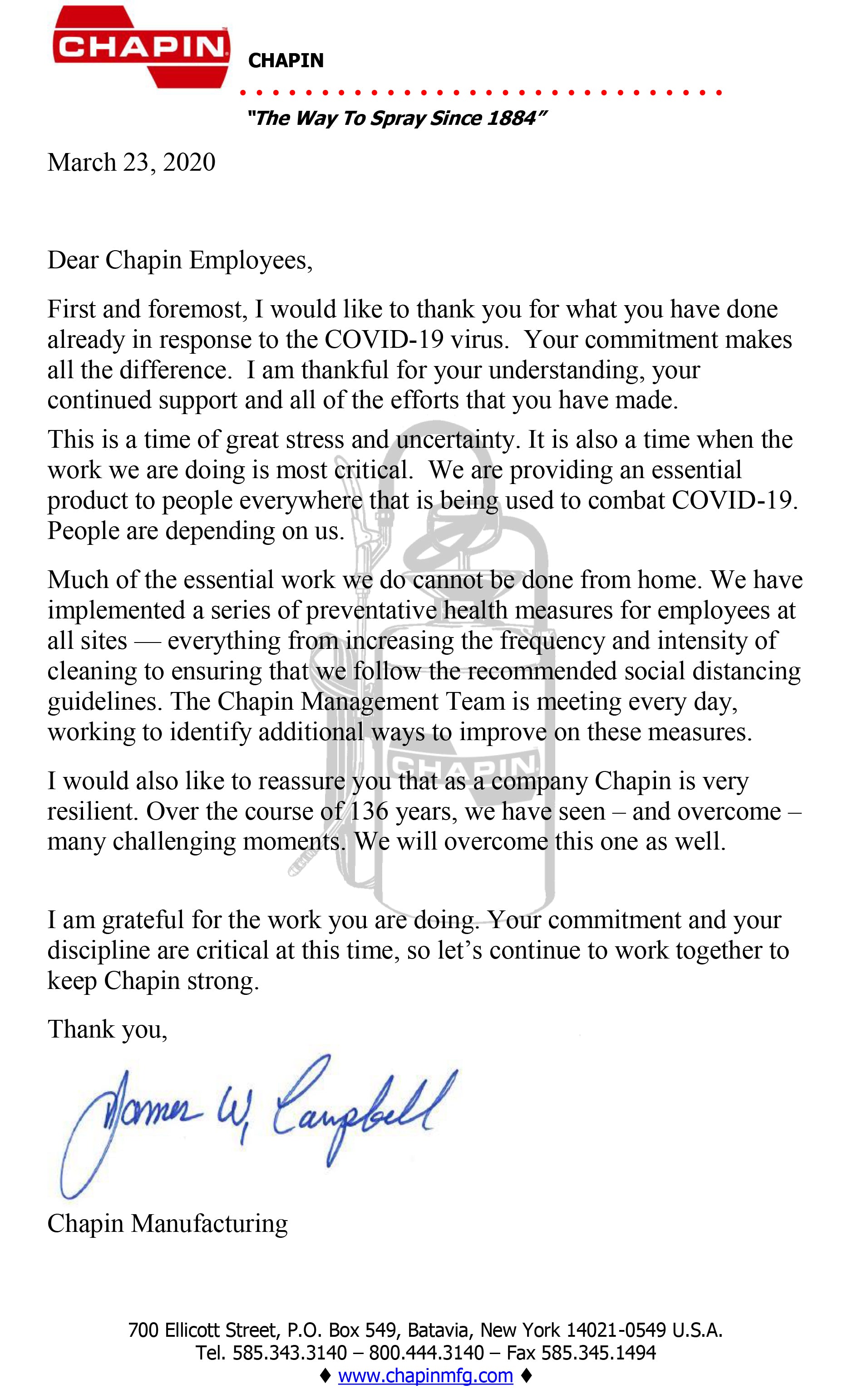 Chapin Employee Letter of Thanks
