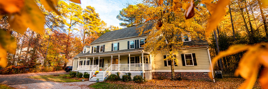 Fall house with leaves and trees all around