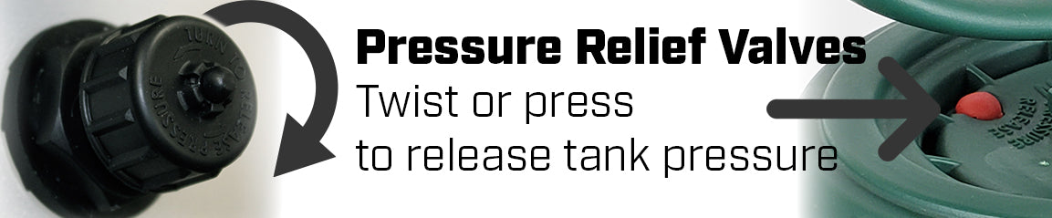 Chapin sprayer pressure relief valve examples - twist or press to release pressure from the sprayer tank