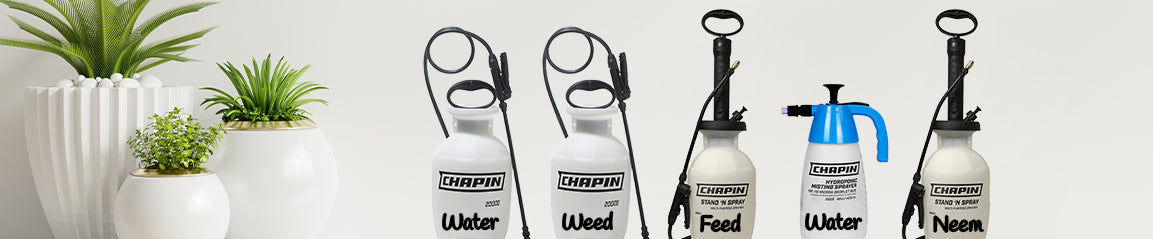 Chapin 20000, 10029, 29001 sprayers next to potted plants with different labels - water, feed, weed, neem