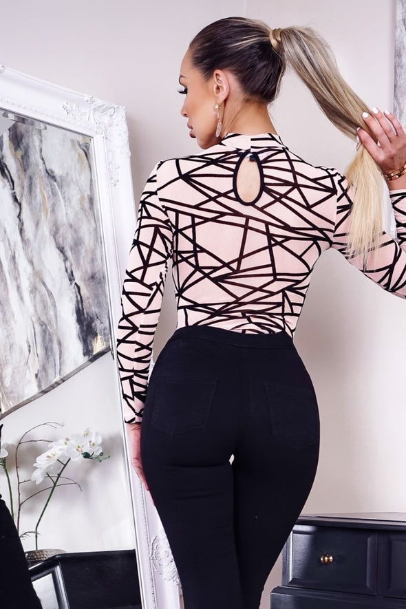 Nude Abstract Print Long Sleeved Mesh Bodysuit