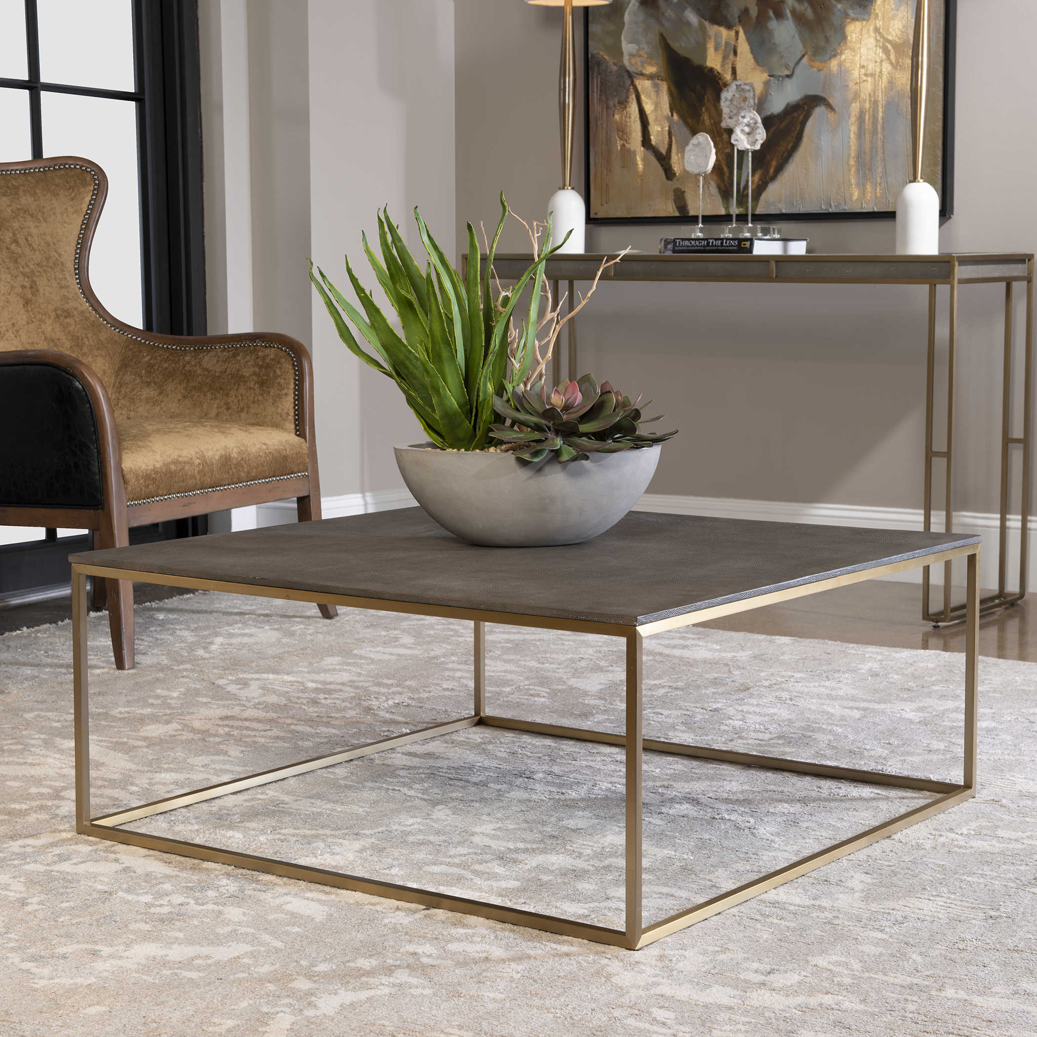 Grey Shagreen Brass Square Coffee Table