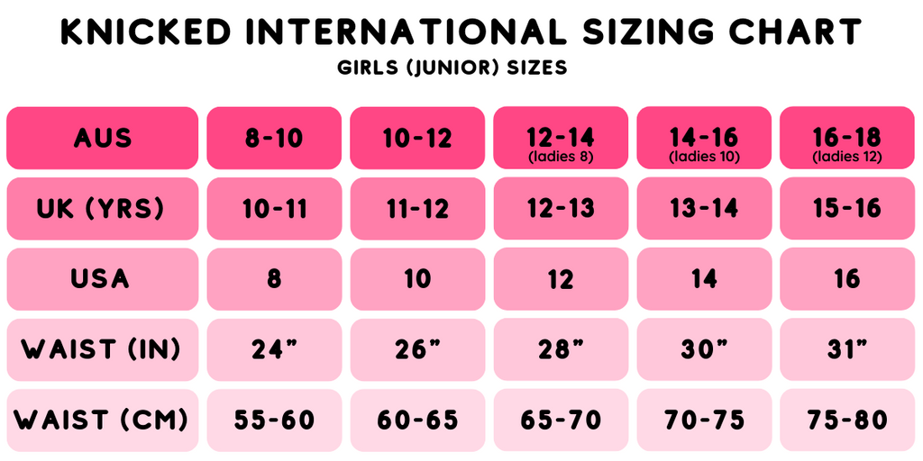 Knicked International Sizing Chart for Period Proof Undies & Swimwear