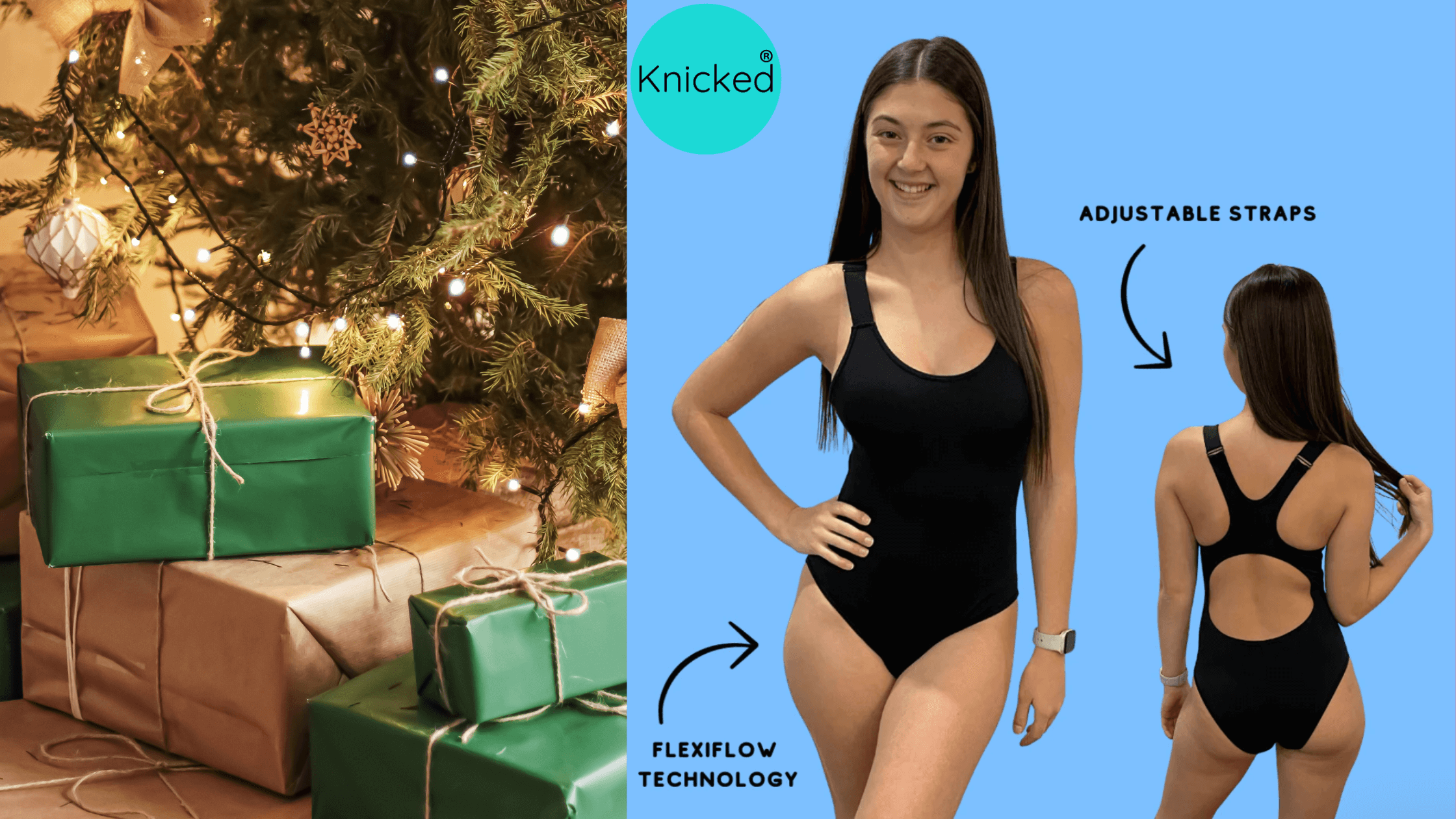 Knicked period swimwear under christmas tree for a sustainable christmas