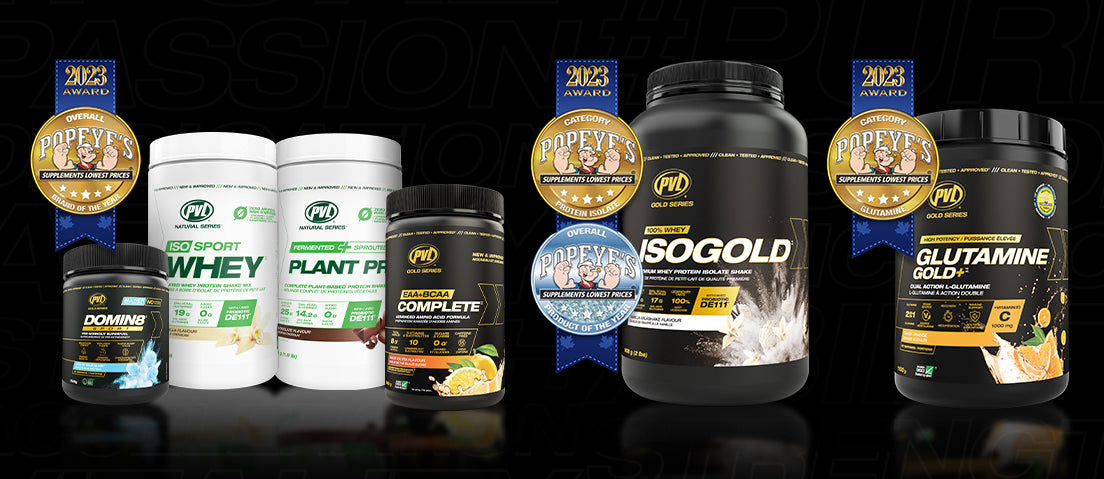 The graphic shows PVL products bottles arranged and the badges of the Popeyes Supplements Awards displayed between them. The awards won by PVL include Brand of the Year, Protein Isolate of the Year, Overall Product of the Year, and Glutamine of the Year.