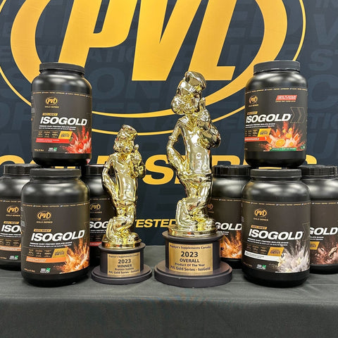 The image shows a lot of ISOGOLD bottles on the table and the two Popeyes Supplements Awards trophies. 