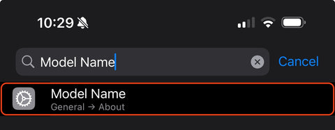 iPhone Settings search for Model Name