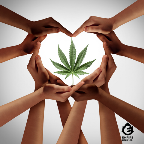 many hands with cannabis leaf in center