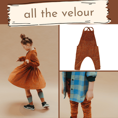 Image of a girl twirling in a rust colored velour dress, a velour baby salopette, and legs of a child wearing velour joggers