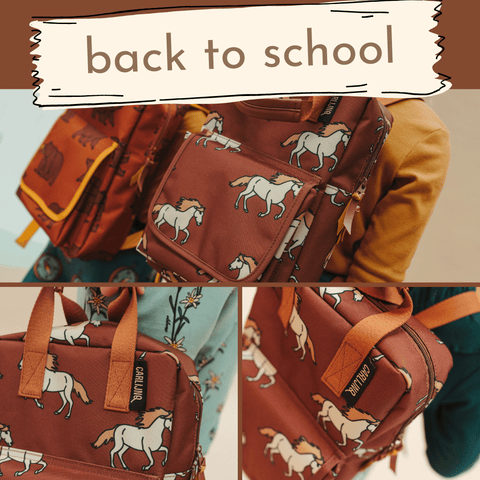 Two kids backpacks - one with a grizzly bear print and another featuring wild horses