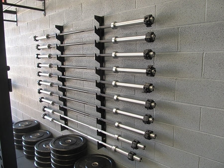 Wall mounted barbell rack setup