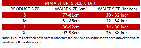 Classic MMA shorts size guide