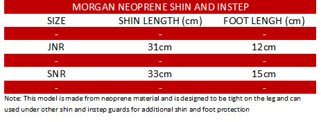 Neoprene Shin protector Size chart