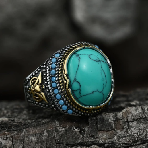 Vintage Pattern Turquoise Stainless Steel Ring - Gthic.com - Blog