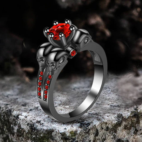 GOTHIC SKULLS RED ZIRCON BRASS RING