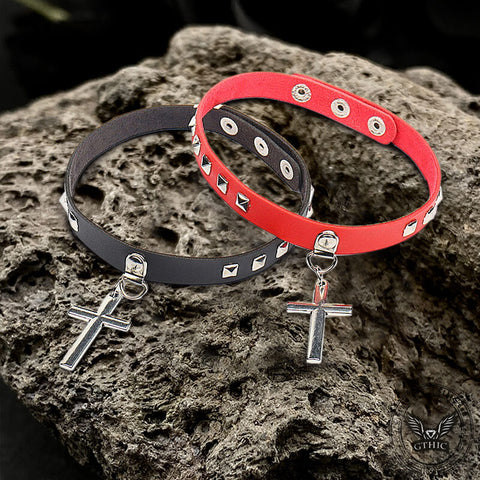 Punk Rivet Cross Pu Leather Choker Necklace