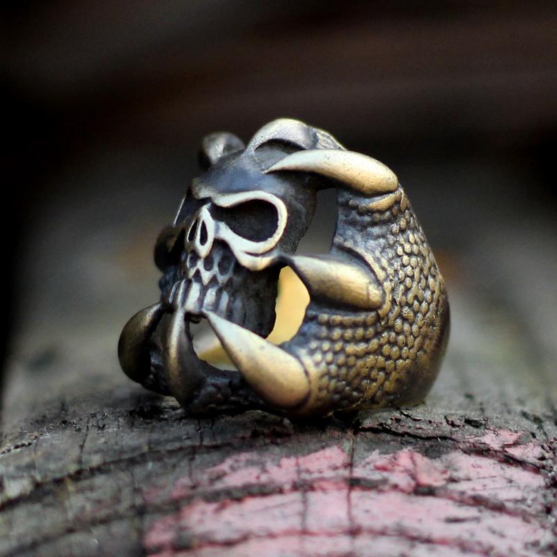 Dragon Claw Brass Sterling Silver Skull Ring 04 | Gthic.com