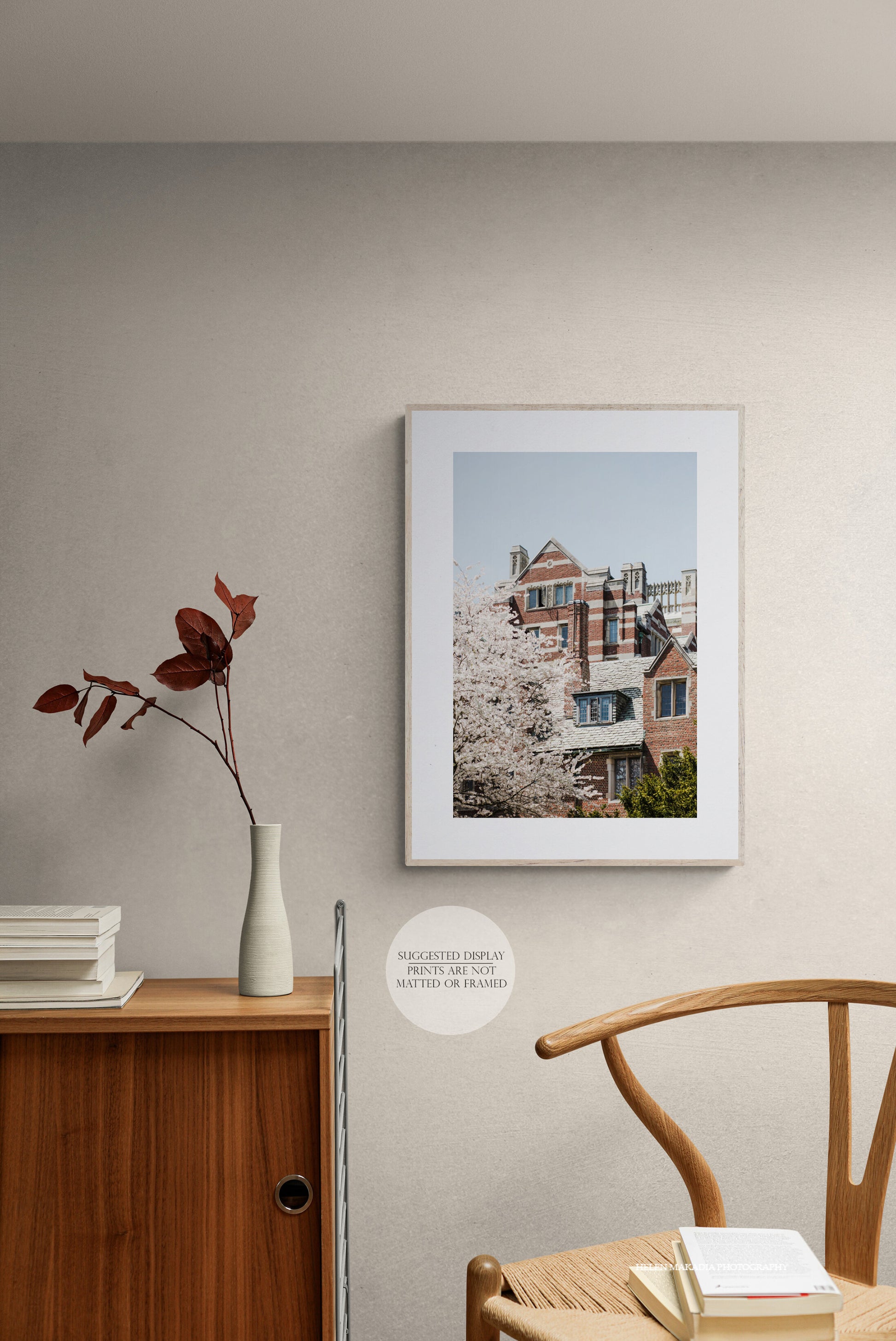 Severance and Tower Court Halls in Springtime Photograph as Framed Wall Art in an Entryway 
