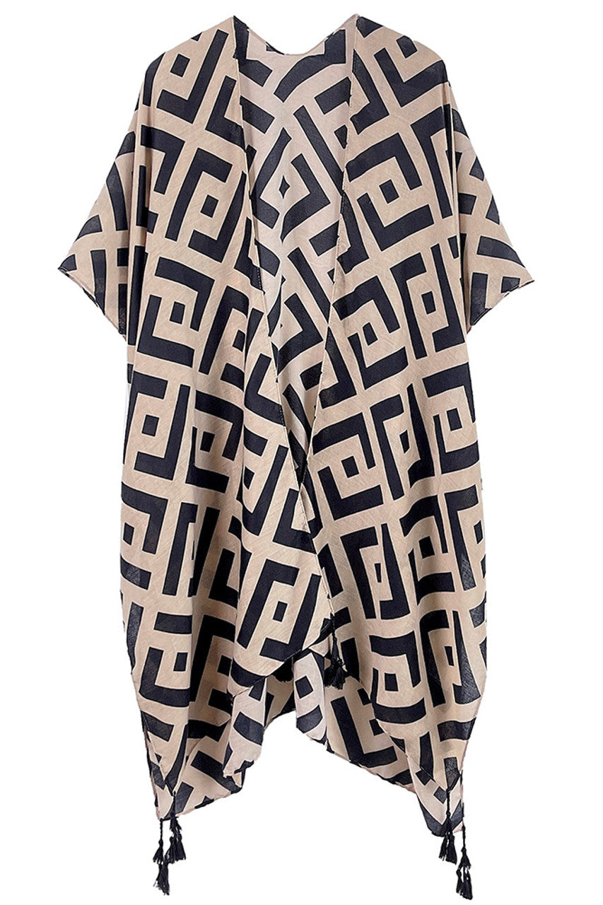Plus Size Geometric Print Tassel Kimono Taupe