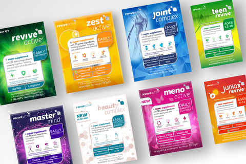 Revive Active, Zest Active, Joint Complex, Teen Revive, Master Mind, Beauty Complex, Meno Active and Junior Active Boxes