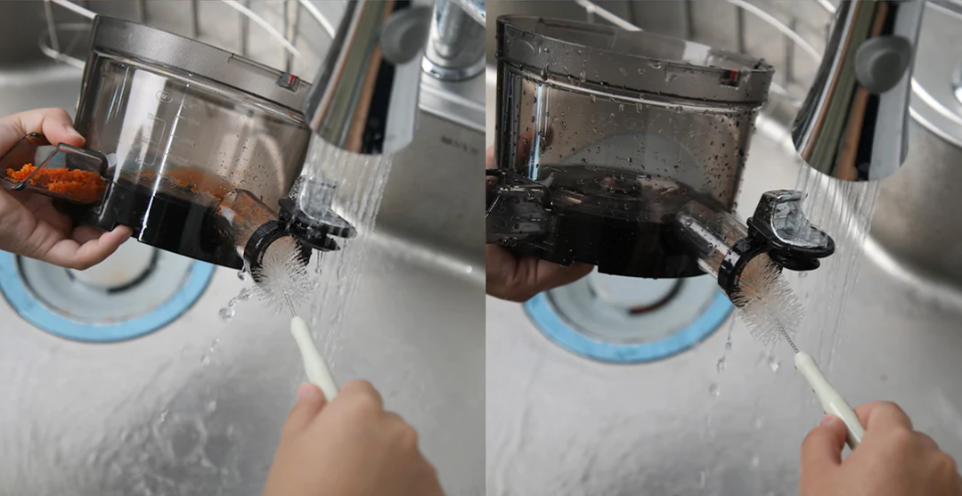 Two side-by-side images of a hand cleaning the juicing spout with a wire brush.