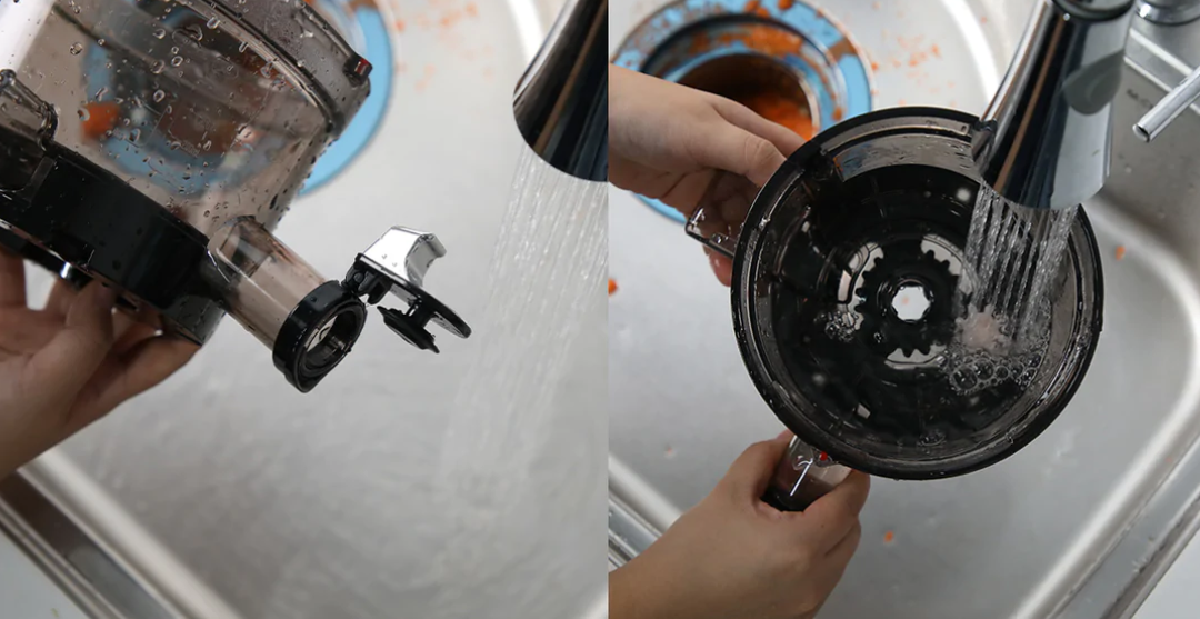 Two side-by-side images of a juicing bowl being rinsed under a faucet.