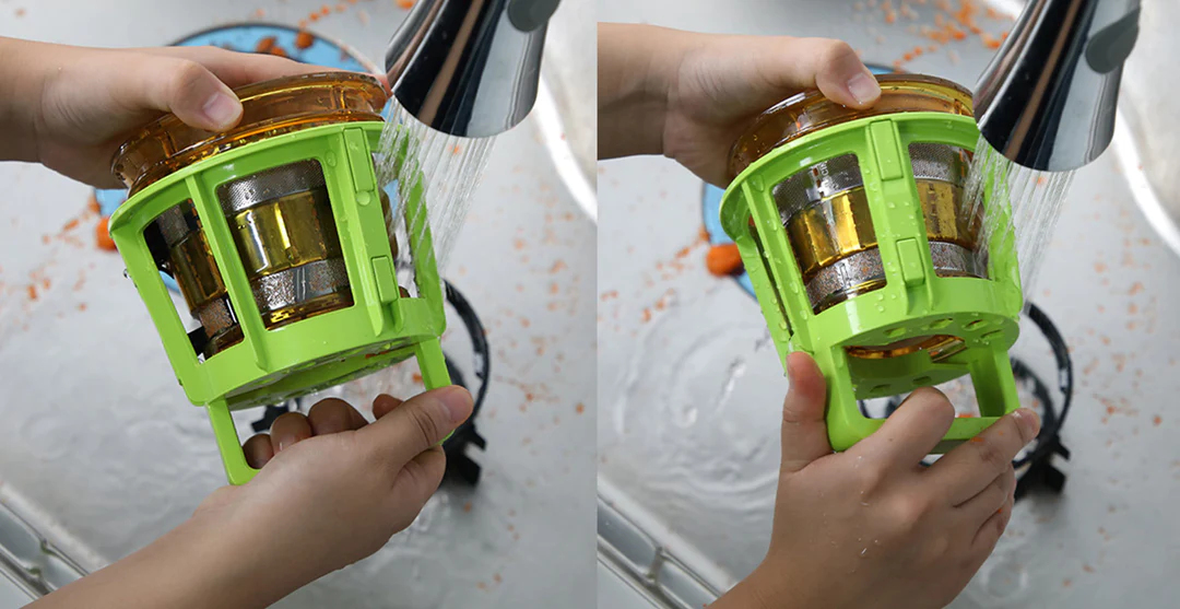 Two side-by-side images of a green cleaning tool and a strainer under a faucet.