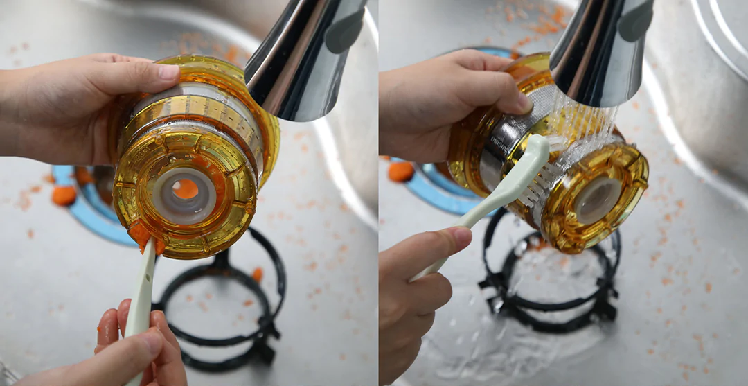 Two side-by-side images of the juicing strainer being brushed under a faucet.