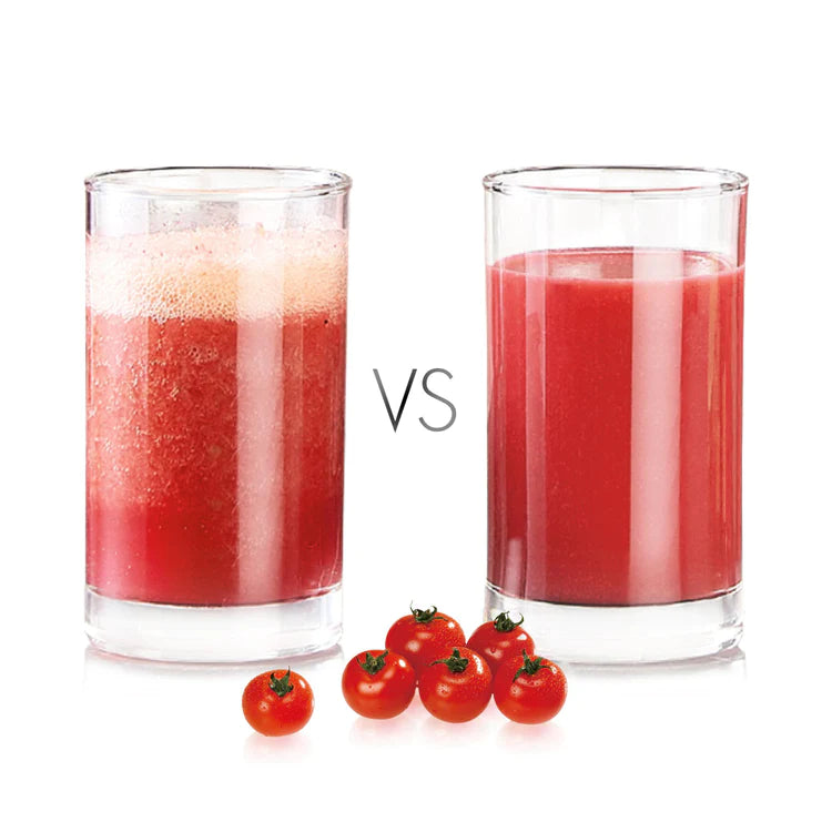 Two glasses of tomato juice, one more separated than the other.