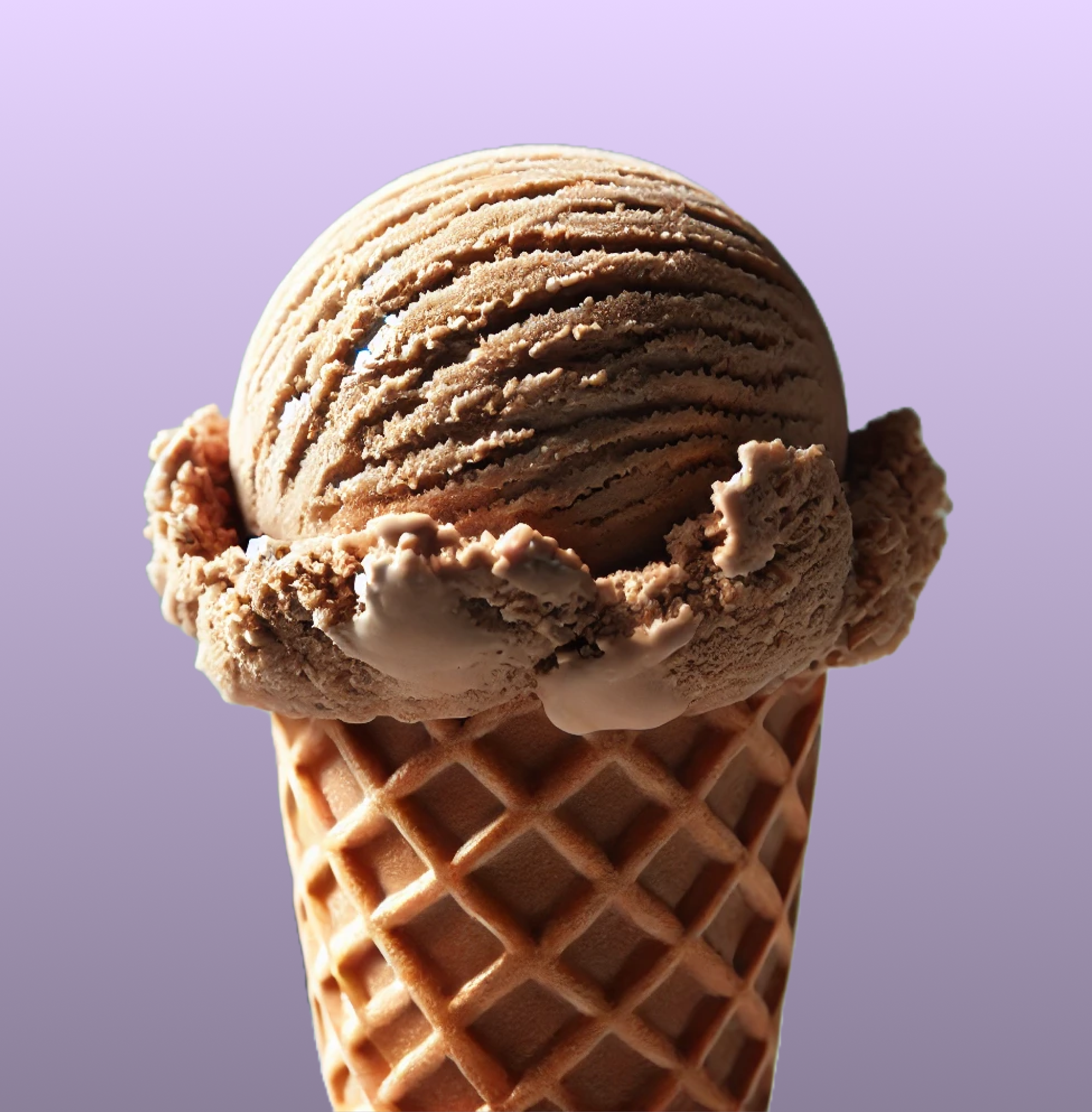 Close-up of a chocolate ice cream cone against a purple background.