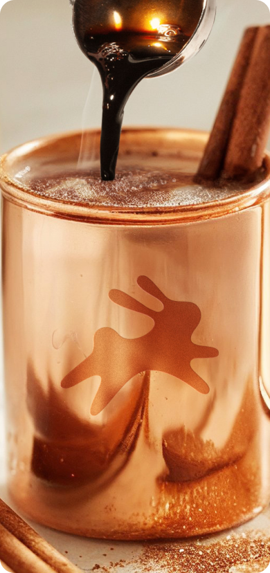 Espresso being poured into a copper mug with a cinnamon stick.