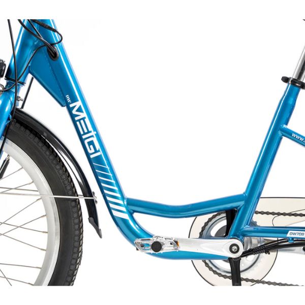 DWMEIGI Hera Electric Trike in Blue with White Rim and Black Spokes Showing Bike Frame.