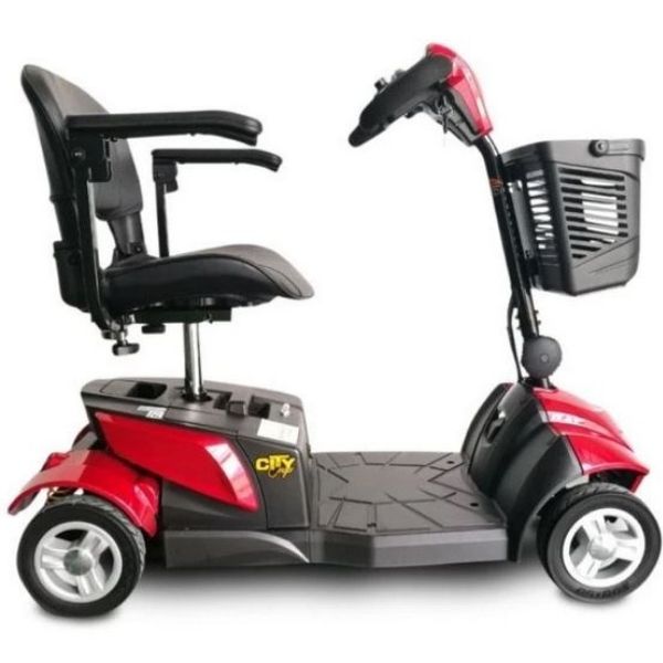 Image of a red EV Rider CityCruzer 4-wheel mobility scooter, viewed from the right side.